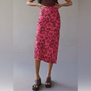 Urban Outfitters Pink and Brown Patterned Midi Slip Skirt Slit Size M